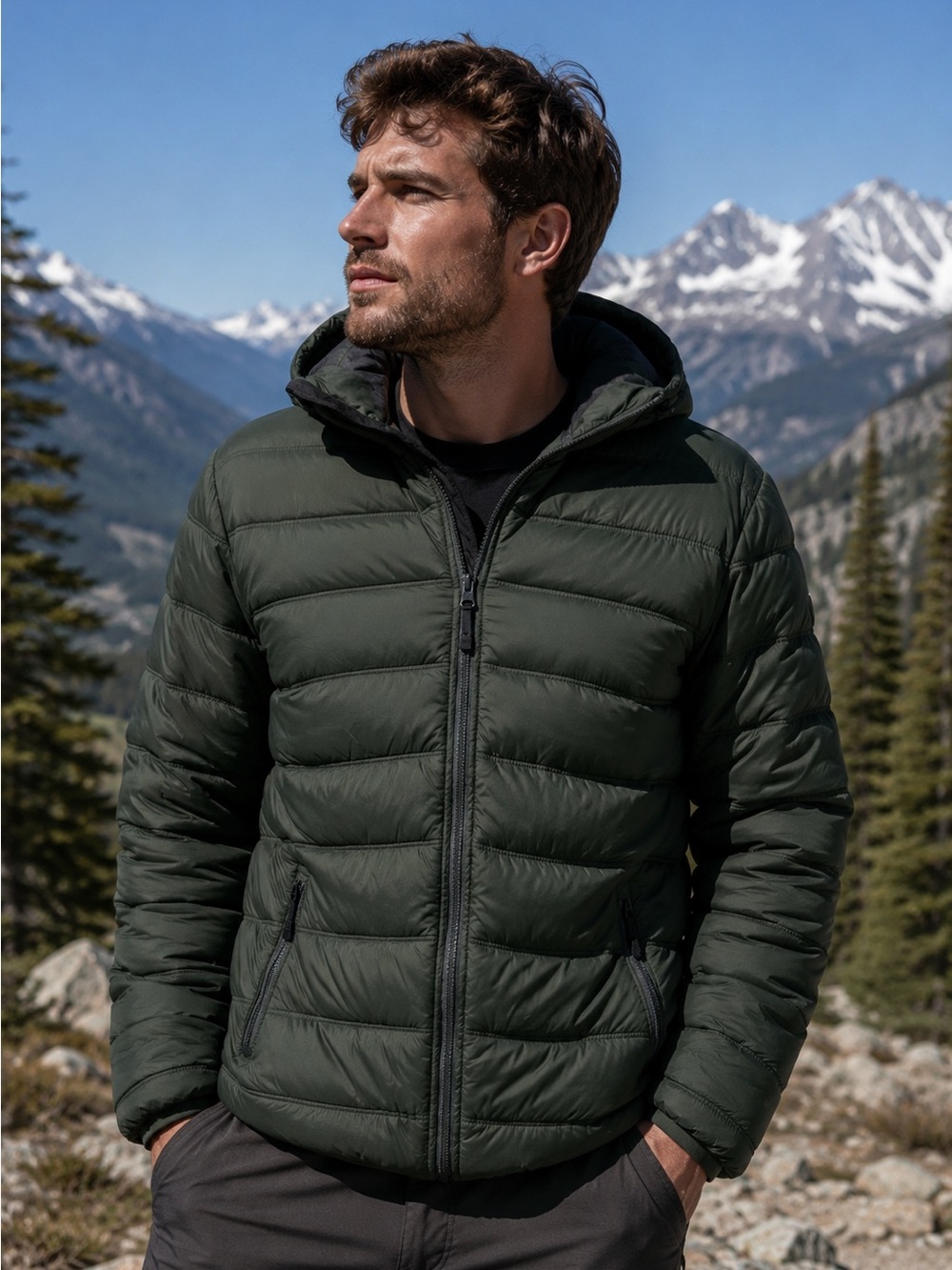 Point Zero Ultralight Men's Quilted Hooded Jacket - Army Green Water Repellent